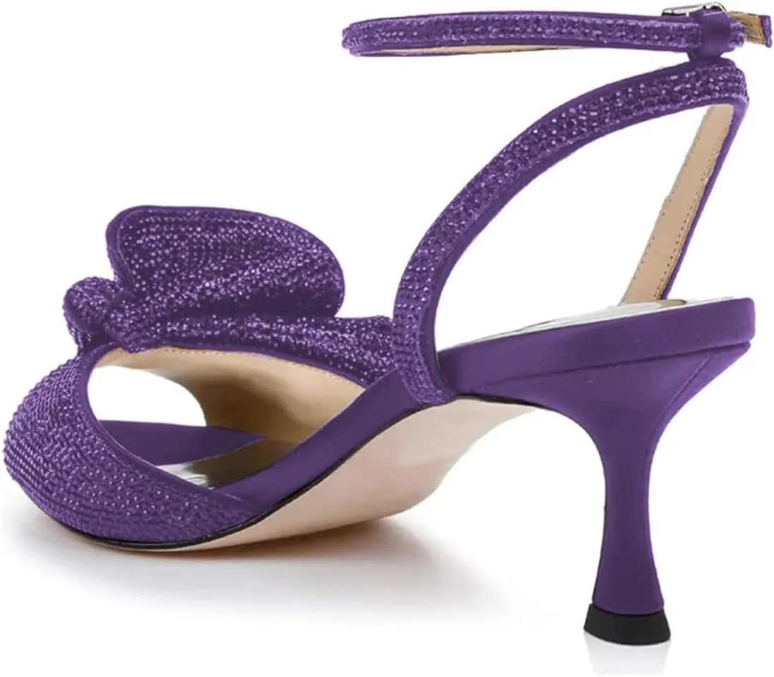Milooey shoes Womens Glitter Rhinestone Bow Heeled Sandal Elegant Crystal Ankle Strap Kitten Heels Open Toe Dress Wedding Party Evening Shoe Size 4-16 US
