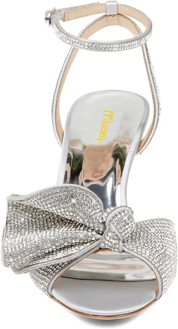 Milooey shoes Womens Glitter Rhinestone Bow Heeled Sandal Elegant Crystal Ankle Strap Kitten Heels Open Toe Dress Wedding Party Evening Shoe Size 4-16 US
