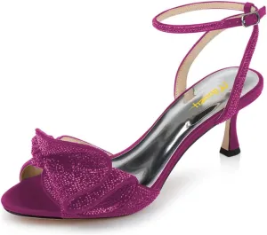 Milooey shoes Womens Glitter Rhinestone Bow Heeled Sandal Elegant Crystal Ankle Strap Kitten Heels Open Toe Dress Wedding Party Evening Shoe Size 4-16 US