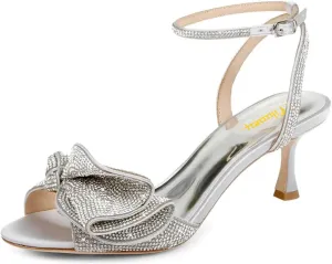 Milooey shoes Womens Glitter Rhinestone Bow Heeled Sandal Elegant Crystal Ankle Strap Kitten Heels Open Toe Dress Wedding Party Evening Shoe Size 4-16 US