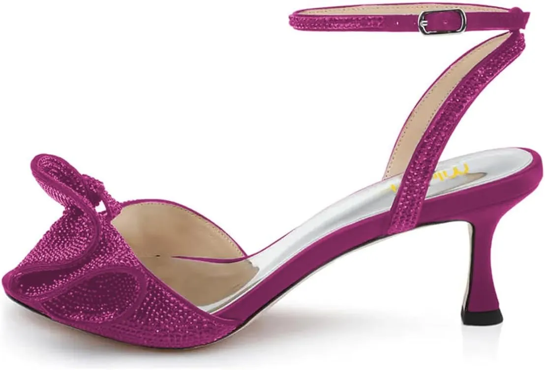 Milooey shoes Womens Glitter Rhinestone Bow Heeled Sandal Elegant Crystal Ankle Strap Kitten Heels Open Toe Dress Wedding Party Evening Shoe Size 4-16 US