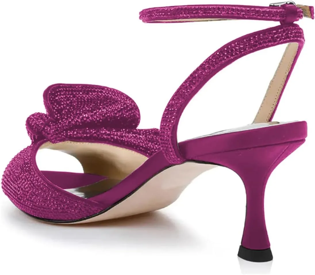 Milooey shoes Womens Glitter Rhinestone Bow Heeled Sandal Elegant Crystal Ankle Strap Kitten Heels Open Toe Dress Wedding Party Evening Shoe Size 4-16 US