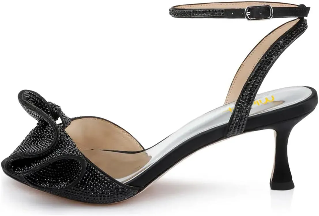 Milooey shoes Womens Glitter Rhinestone Bow Heeled Sandal Elegant Crystal Ankle Strap Kitten Heels Open Toe Dress Wedding Party Evening Shoe Size 4-16 US