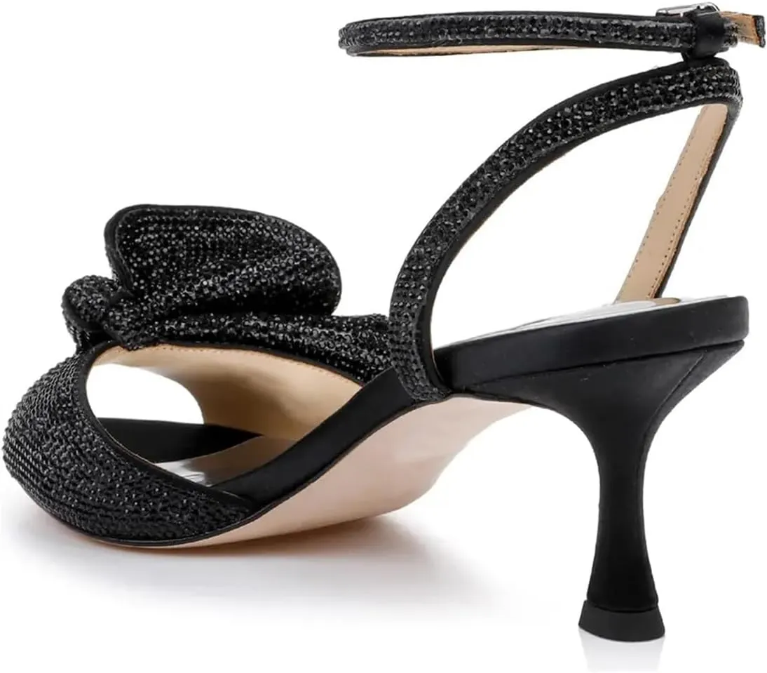Milooey shoes Womens Glitter Rhinestone Bow Heeled Sandal Elegant Crystal Ankle Strap Kitten Heels Open Toe Dress Wedding Party Evening Shoe Size 4-16 US