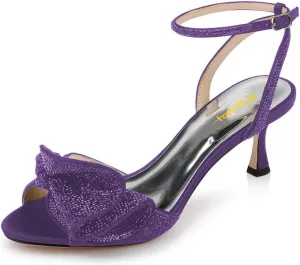 Milooey shoes Womens Glitter Rhinestone Bow Heeled Sandal Elegant Crystal Ankle Strap Kitten Heels Open Toe Dress Wedding Party Evening Shoe Size 4-16 US