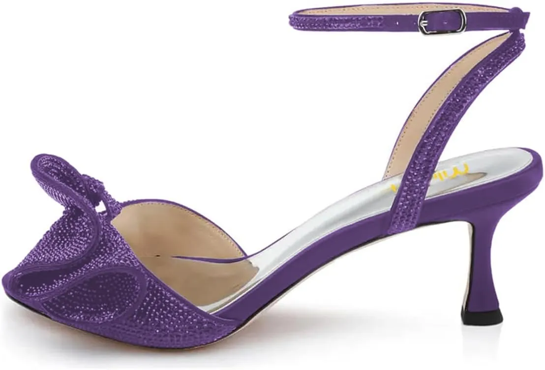 Milooey shoes Womens Glitter Rhinestone Bow Heeled Sandal Elegant Crystal Ankle Strap Kitten Heels Open Toe Dress Wedding Party Evening Shoe Size 4-16 US