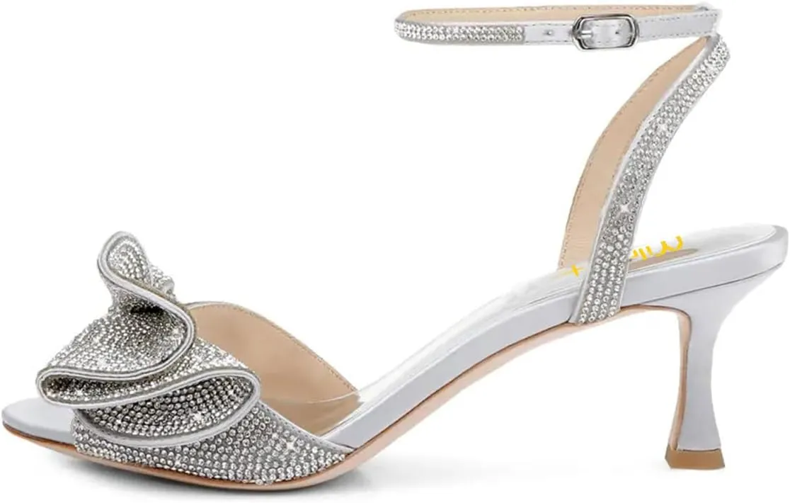 Milooey shoes Womens Glitter Rhinestone Bow Heeled Sandal Elegant Crystal Ankle Strap Kitten Heels Open Toe Dress Wedding Party Evening Shoe Size 4-16 US