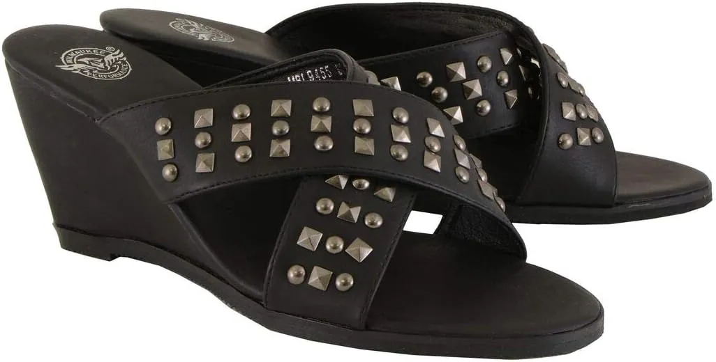 Milwaukee Leather MBL9455 Women's Black Studded Crossover Strap Fashion Casual Wedges