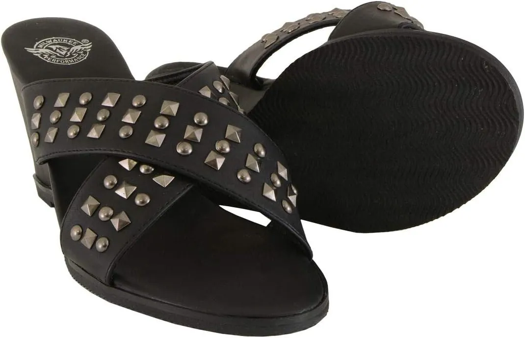 Milwaukee Leather MBL9455 Women's Black Studded Crossover Strap Fashion Casual Wedges