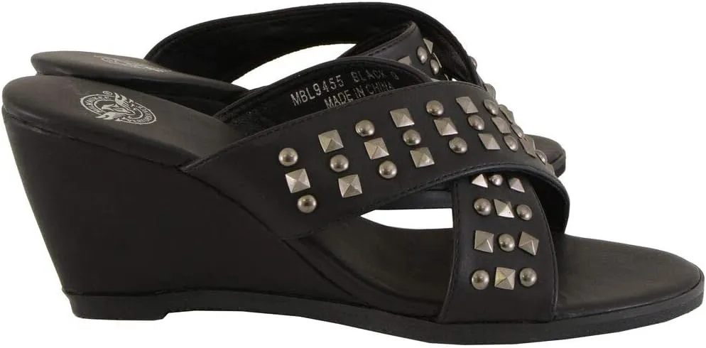 Milwaukee Leather MBL9455 Women's Black Studded Crossover Strap Fashion Casual Wedges