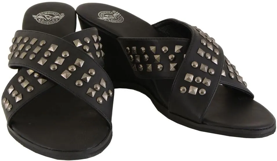 Milwaukee Leather MBL9455 Women's Black Studded Crossover Strap Fashion Casual Wedges