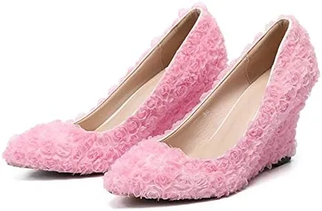 Minishion Womens Dress Wedge Shoes for Wedding Bridal Pumps with Lace Flower