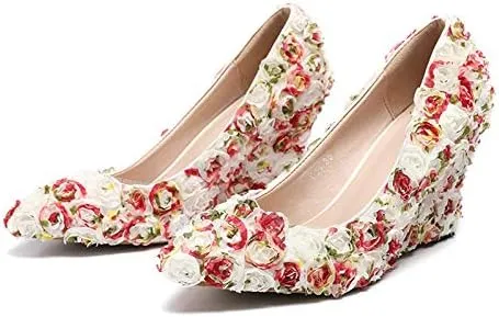 Minishion Womens Dress Wedge Shoes for Wedding Bridal Pumps with Lace Flower