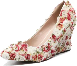 Minishion Womens Dress Wedge Shoes for Wedding Bridal Pumps with Lace Flower