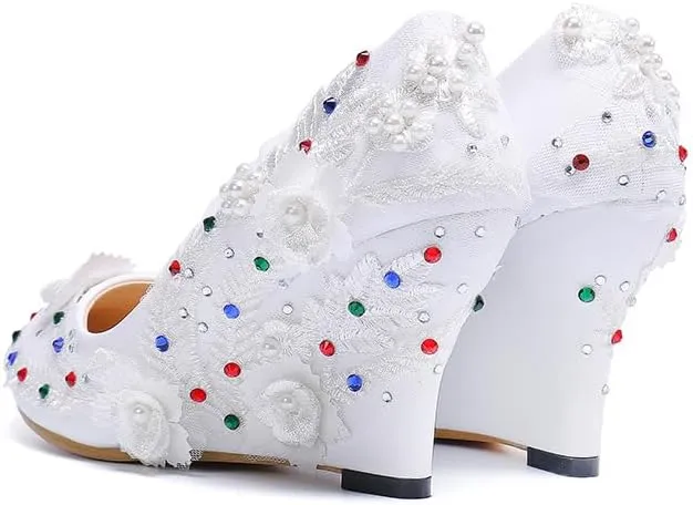 Minishion Womens Dress Wedge Shoes for Wedding Bridal Pumps with Lace Flower