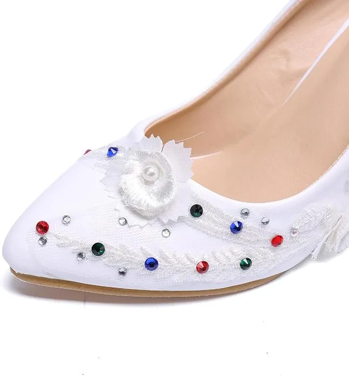 Minishion Womens Dress Wedge Shoes for Wedding Bridal Pumps with Lace Flower