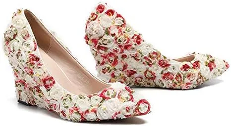 Minishion Womens Dress Wedge Shoes for Wedding Bridal Pumps with Lace Flower