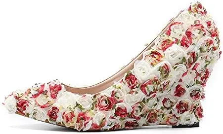 Minishion Womens Dress Wedge Shoes for Wedding Bridal Pumps with Lace Flower
