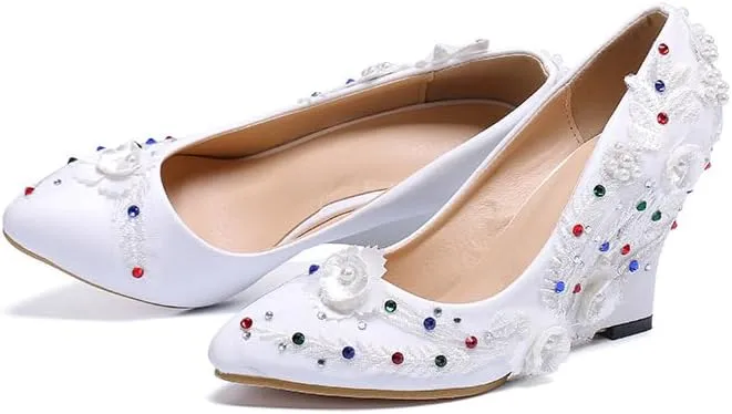 Minishion Womens Dress Wedge Shoes for Wedding Bridal Pumps with Lace Flower