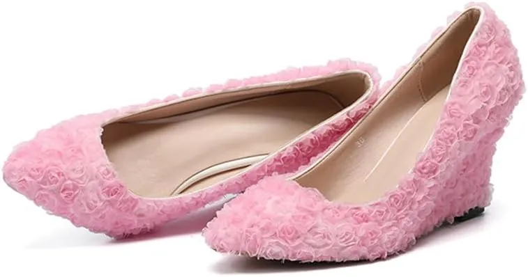 Minishion Womens Dress Wedge Shoes for Wedding Bridal Pumps with Lace Flower