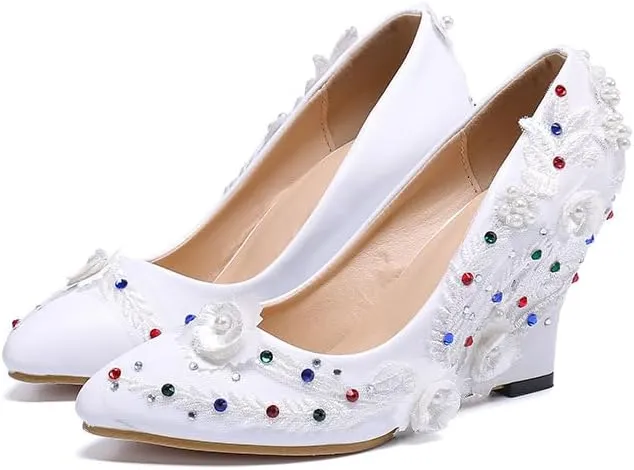 Minishion Womens Dress Wedge Shoes for Wedding Bridal Pumps with Lace Flower