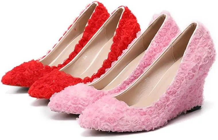 Minishion Womens Dress Wedge Shoes for Wedding Bridal Pumps with Lace Flower