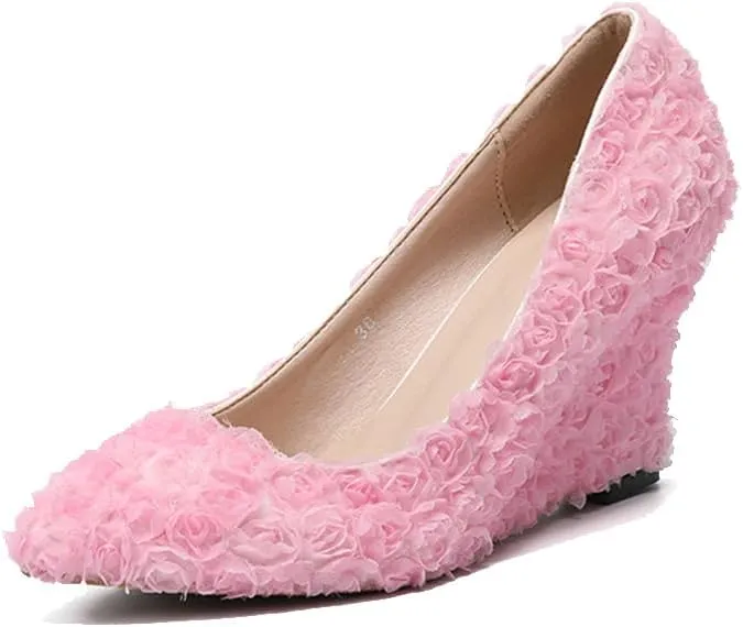 Minishion Womens Dress Wedge Shoes for Wedding Bridal Pumps with Lace Flower