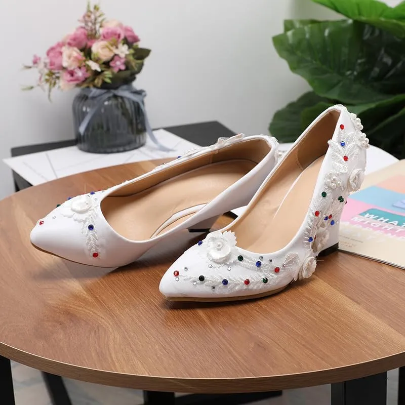Minishion Womens Dress Wedge Shoes for Wedding Bridal Pumps with Lace Flower