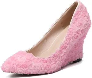 Minishion Womens Dress Wedge Shoes for Wedding Bridal Pumps with Lace Flower
