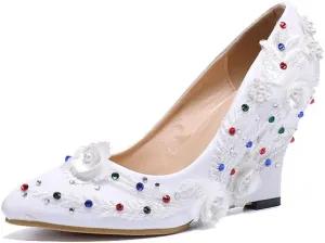 Minishion Womens Dress Wedge Shoes for Wedding Bridal Pumps with Lace Flower