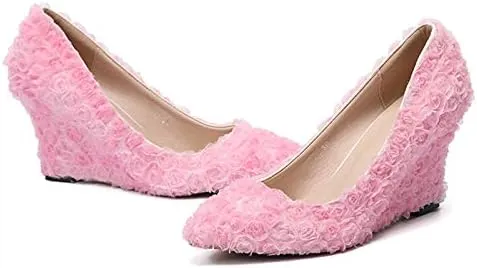 Minishion Womens Dress Wedge Shoes for Wedding Bridal Pumps with Lace Flower
