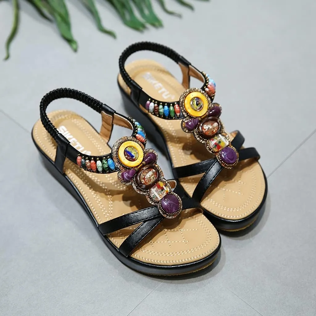 MIOKE Women's Bohemia Wedge Sandals with Rhinestone Flower Platform T-strap Slingback Summer Beach Sandal