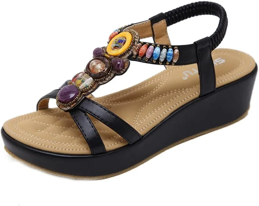 MIOKE Women's Bohemia Wedge Sandals with Rhinestone Flower Platform T-strap Slingback Summer Beach Sandal