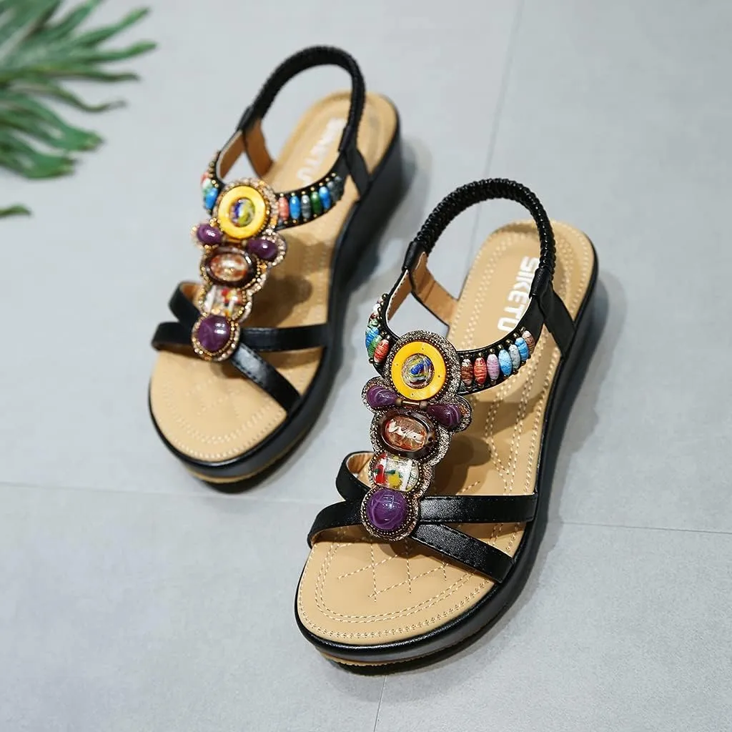 MIOKE Women's Bohemia Wedge Sandals with Rhinestone Flower Platform T-strap Slingback Summer Beach Sandal