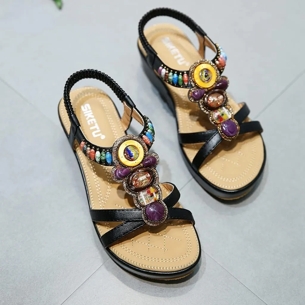 MIOKE Women's Bohemia Wedge Sandals with Rhinestone Flower Platform T-strap Slingback Summer Beach Sandal