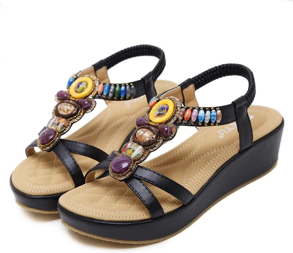 MIOKE Women's Bohemia Wedge Sandals with Rhinestone Flower Platform T-strap Slingback Summer Beach Sandal