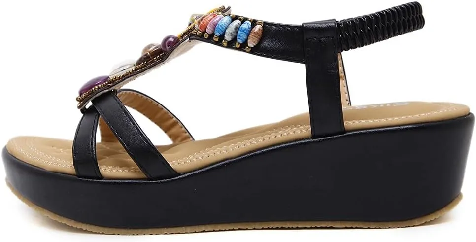 MIOKE Women's Bohemia Wedge Sandals with Rhinestone Flower Platform T-strap Slingback Summer Beach Sandal
