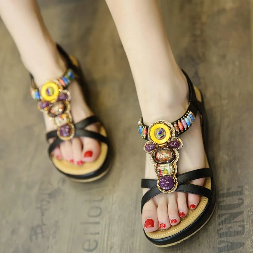 MIOKE Women's Bohemia Wedge Sandals with Rhinestone Flower Platform T-strap Slingback Summer Beach Sandal