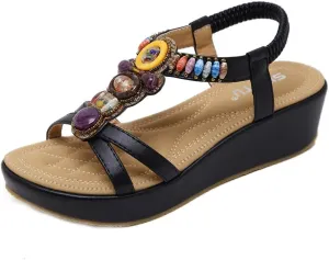 MIOKE Women's Bohemia Wedge Sandals with Rhinestone Flower Platform T-strap Slingback Summer Beach Sandal