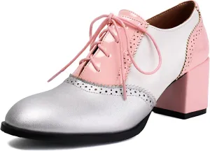 Mixed Colors Vintage Oxfords Lace Up Classic Sewing Brogue for Women Block LowHeel Round Toe Mary Jane