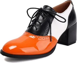 Mixed Colors Vintage Oxfords Lace Up Classic Sewing Brogue for Women Block LowHeel Round Toe Mary Jane