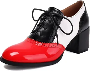 Mixed Colors Vintage Oxfords Lace Up Classic Sewing Brogue for Women Block LowHeel Round Toe Mary Jane