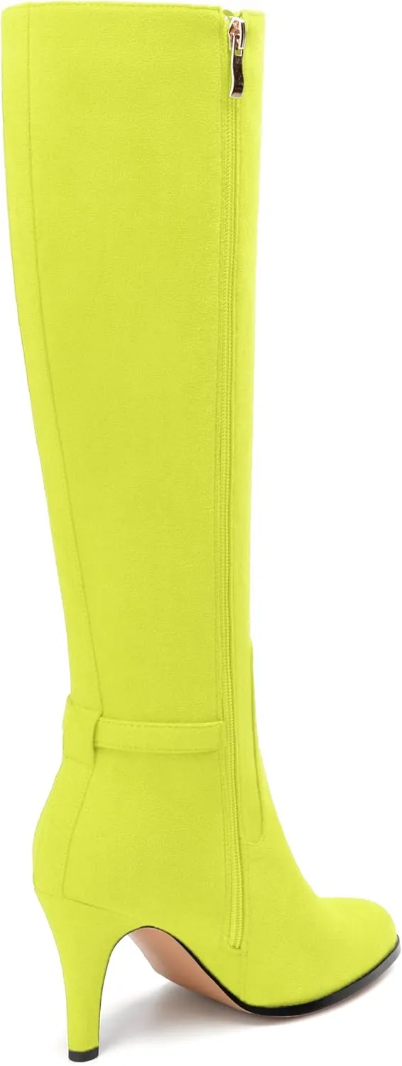 MODENCOCO Knee High Boots for Women Stiletto High Heel Pointed Toe Tall Boots Wide Calf Side Zipper Dress Long Boots Fall Winter Shoes