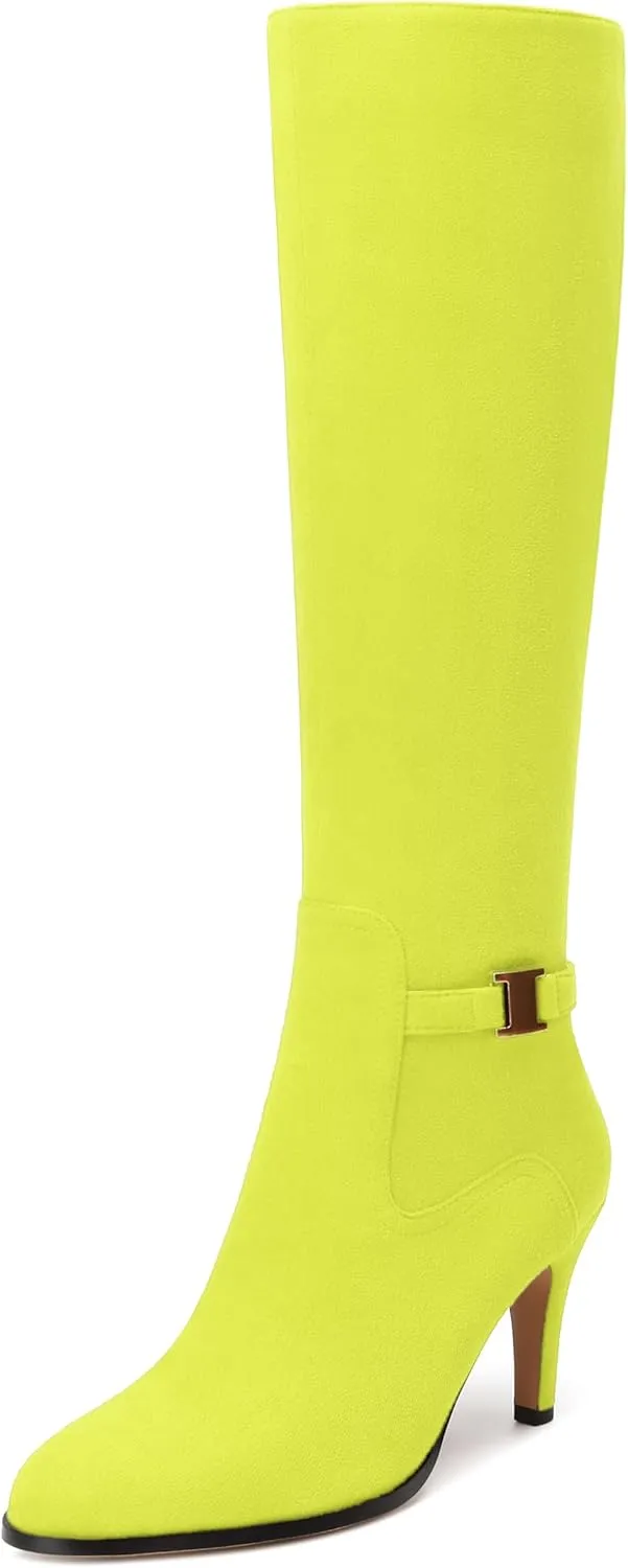 MODENCOCO Knee High Boots for Women Stiletto High Heel Pointed Toe Tall Boots Wide Calf Side Zipper Dress Long Boots Fall Winter Shoes