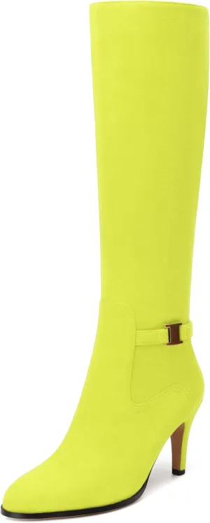 MODENCOCO Knee High Boots for Women Stiletto High Heel Pointed Toe Tall Boots Wide Calf Side Zipper Dress Long Boots Fall Winter Shoes
