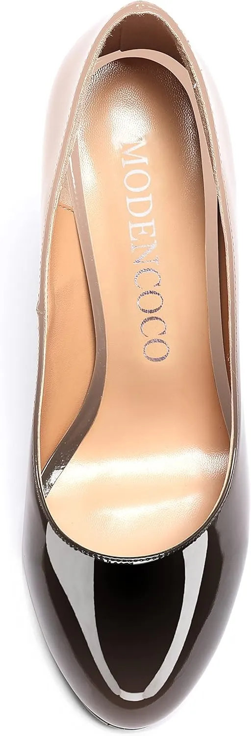 MODENCOCO Women's Slip On Patent Round Toe Stiletto High Heel Pumps Shoes 4.5 Inch
