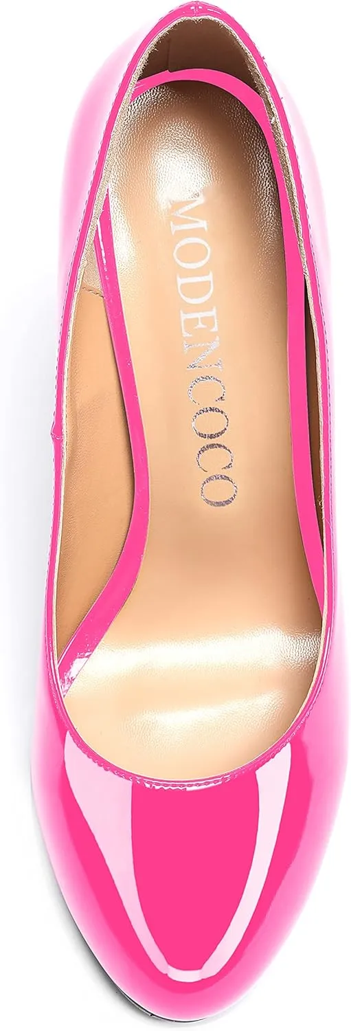 MODENCOCO Women's Slip On Round Toe Patent Solid Stiletto High Heel Pumps Shoes 4 Inch