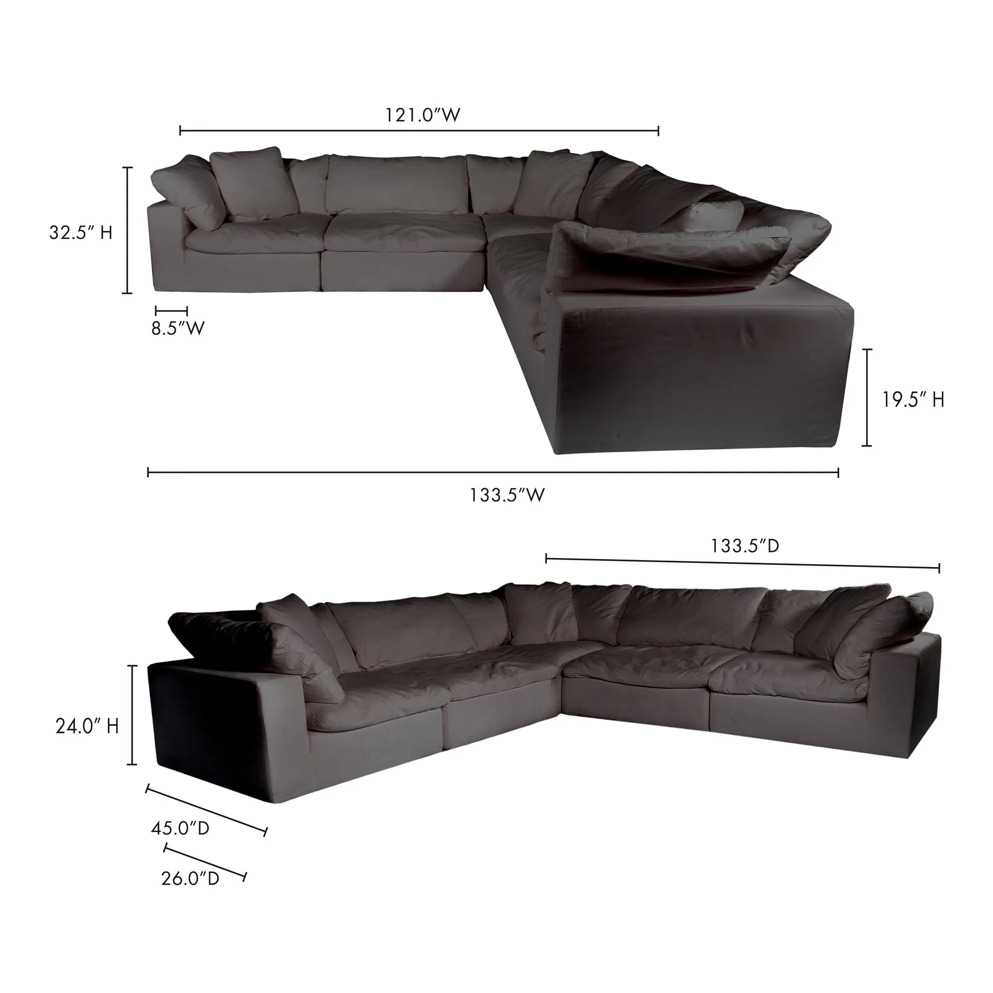 Moe's Home Collection Clay Classic L-Shaped Modular Sectional ~ Light Grey LiveSmart Performance Fabric