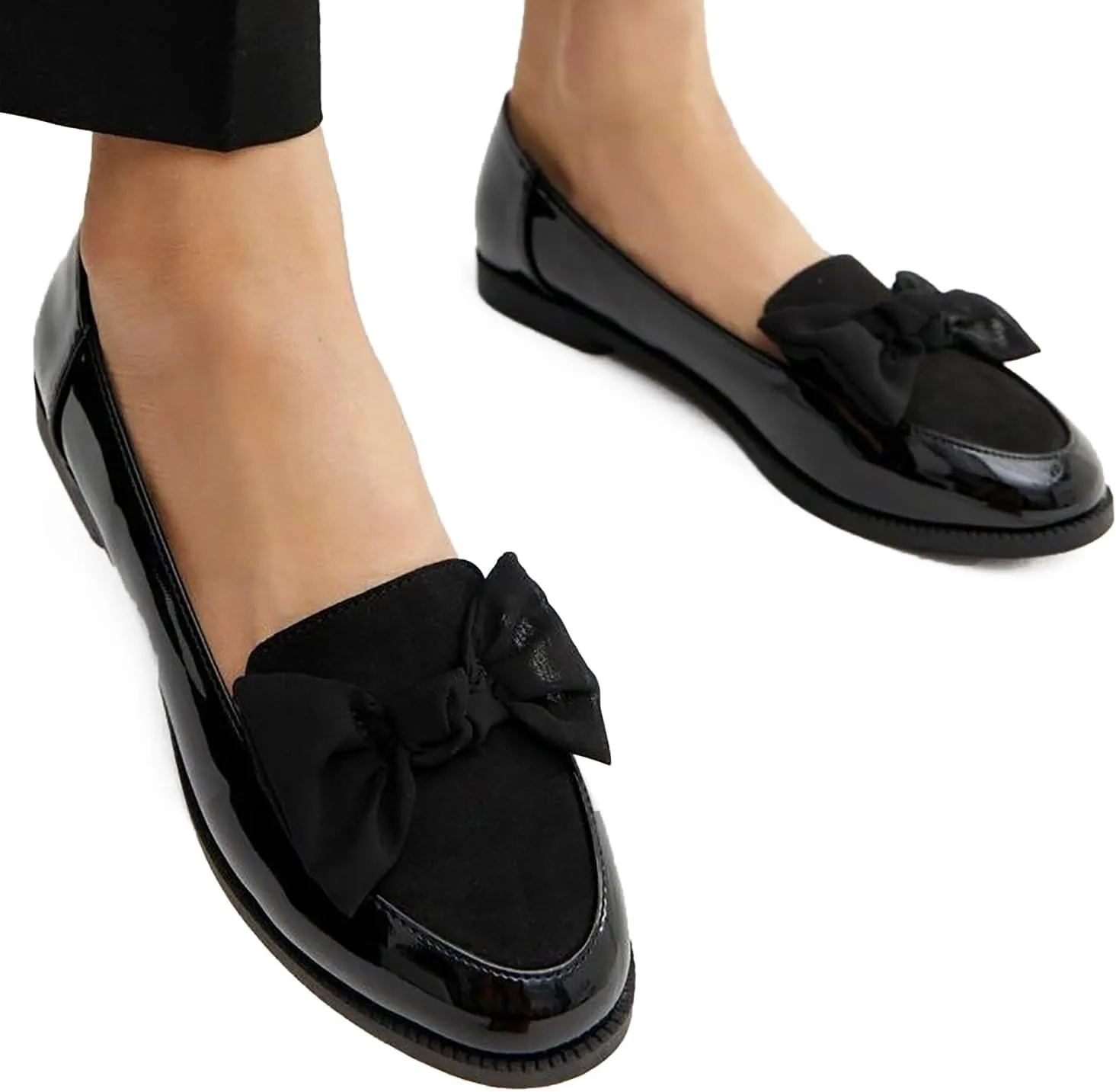 MOOMMO Women Bow Flat Loafer Shoes Round Toe Slip On Loafers Patent Suede 1 inch Flat Heel Dress Shoes Loafers Oxford Bow Knot Patchwork Casual Office Ladies Loafers Drive Walking Basic 4-11 M US