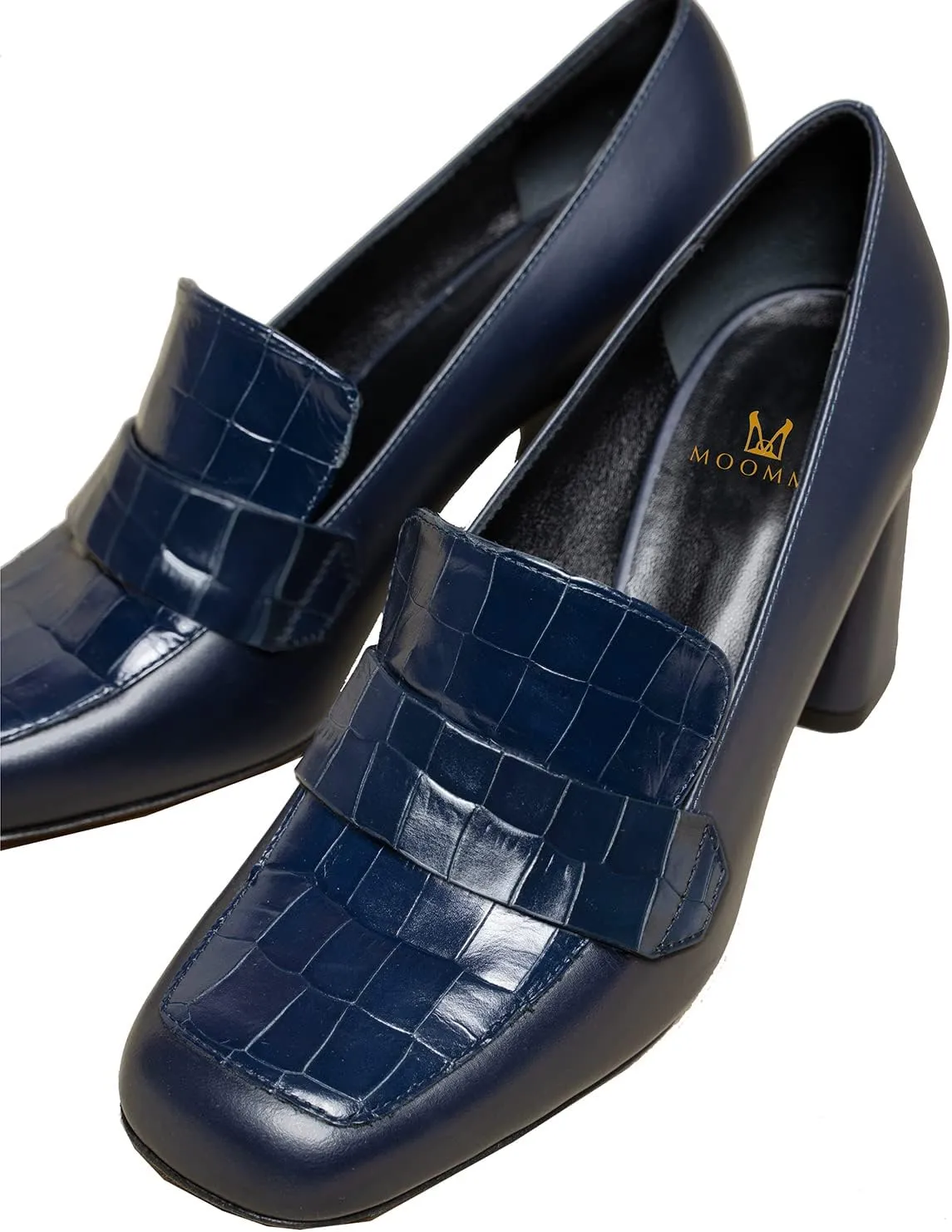 MOOMMO Women Chunky Block Heel Loafer Shoes Slip On Square Toe Formal High Heels Pumps Crocodile Closed Toe 3" Heel Oxford Shoes Office Ladies Business Professional Comfortable Spring Fall 4-11 M US